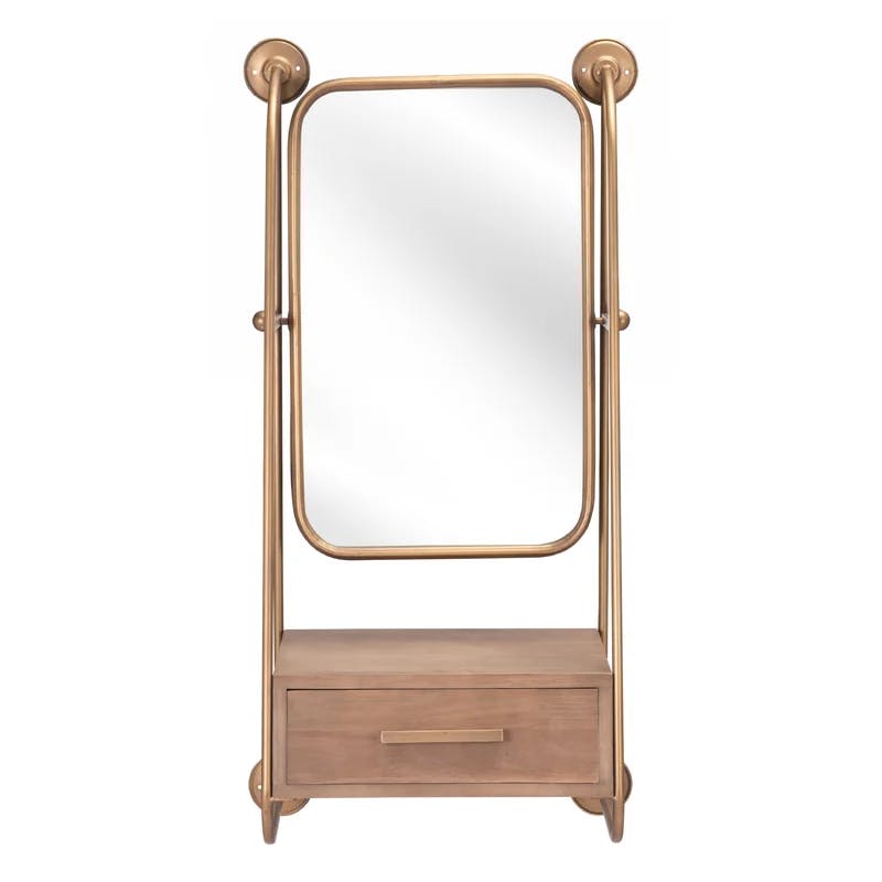 Peralta Contemporary Gold Rectangular Vanity Mirror with Shelf