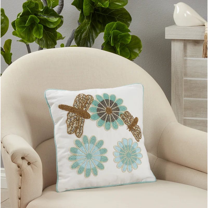Ethereal Pastel Beaded Flower 16" Cotton Pillow Cover