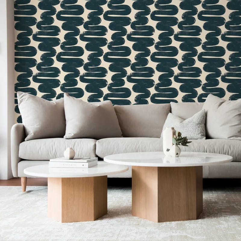 Wiggle Room Blue and Cream Abstract Vinyl Wallpaper Roll