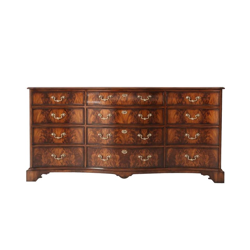 Lord Spencer Serpentine 12-Drawer Mahogany Dresser with Brass Accents