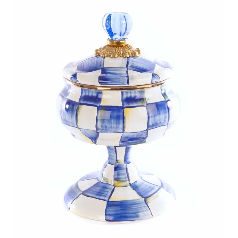 Royal Check Enamel Curiosity Pot with Brass & Blue Glass Knob