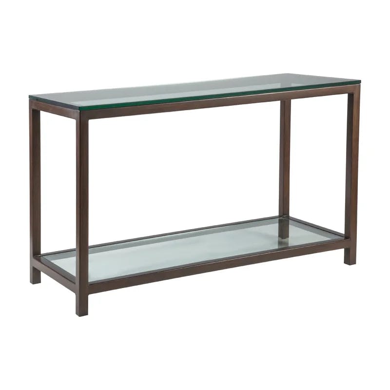 Antique Copper Tubular Steel and Glass Console with Inset Shelf