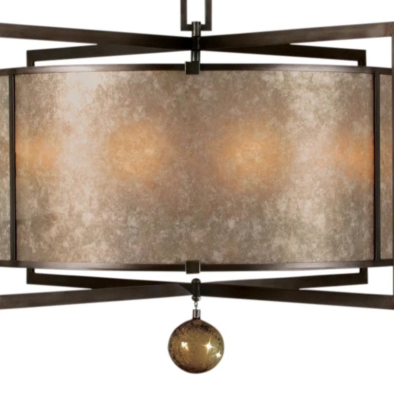 Translucent Mica and Bronze 8-Light Drum Chandelier with Hand Blown Glass Drop