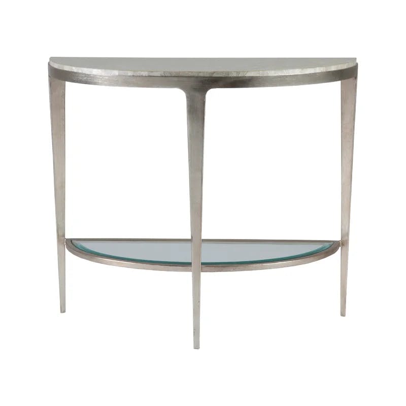 Contemporary Silver Metal & Glass Demilune Console with Storage