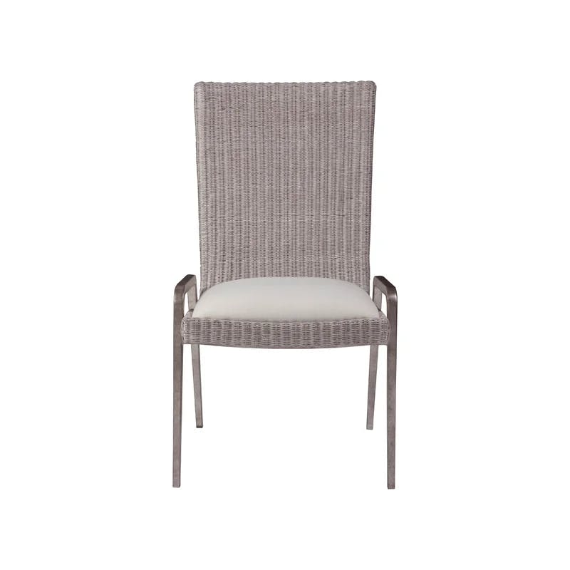 Transitional Beige Woven Wicker Side Chair with Silver Leaf Frame