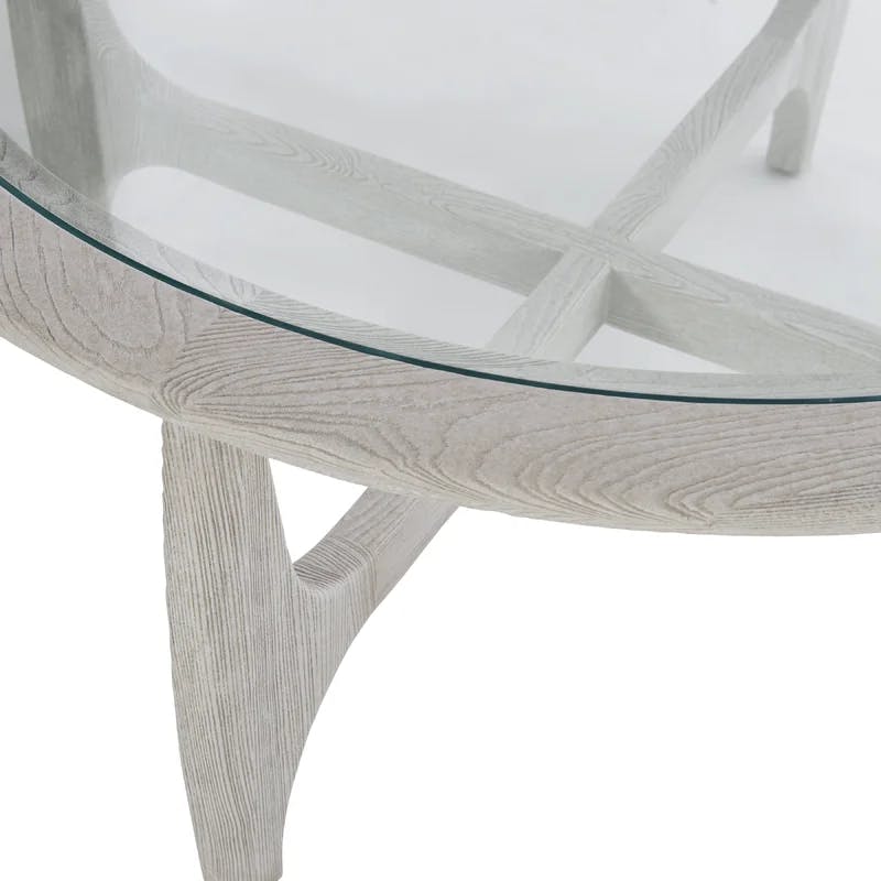 Transitional Beige Round Wood and Glass Coffee Table with Storage
