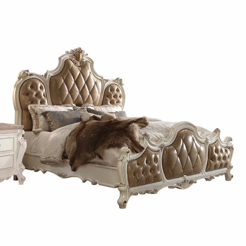 Antique Pearl Queen Bed with Tufted Faux Leather Headboard
