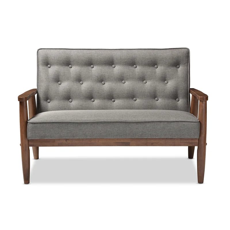 Sorrento Mid-Century Gray Faux Leather Tufted Loveseat with Wooden Legs