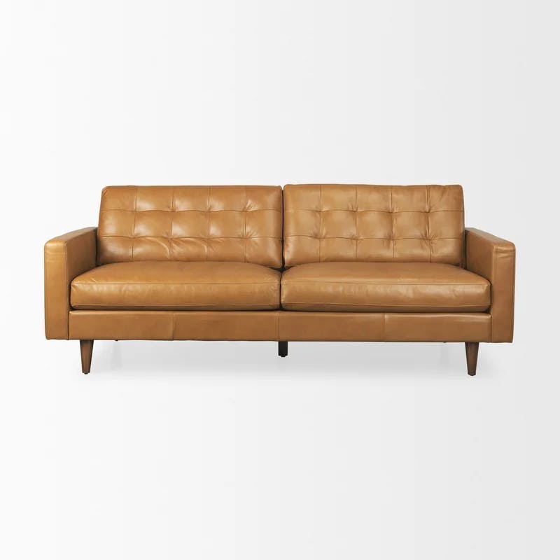 Olaf Tan Genuine Leather Tufted Sofa with Tapered Wood Legs