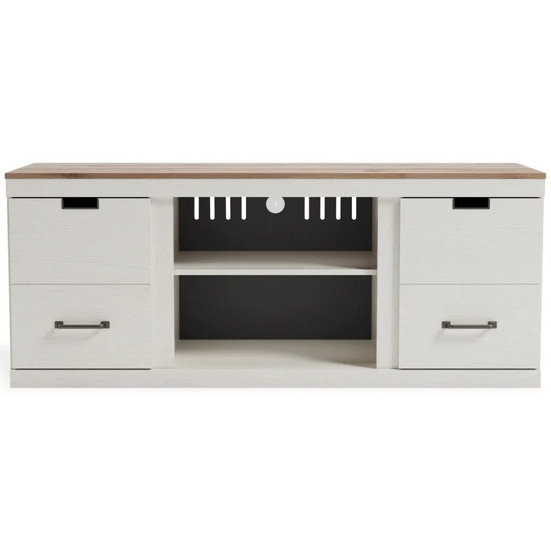 Transitional 60" White and Brown TV Stand with Fireplace Cabinet
