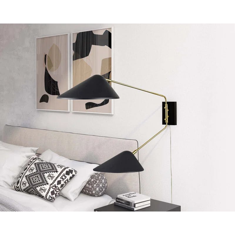 Mid-Century Modern Matte Black Swing Arm Wall Sconce with Satin Brass