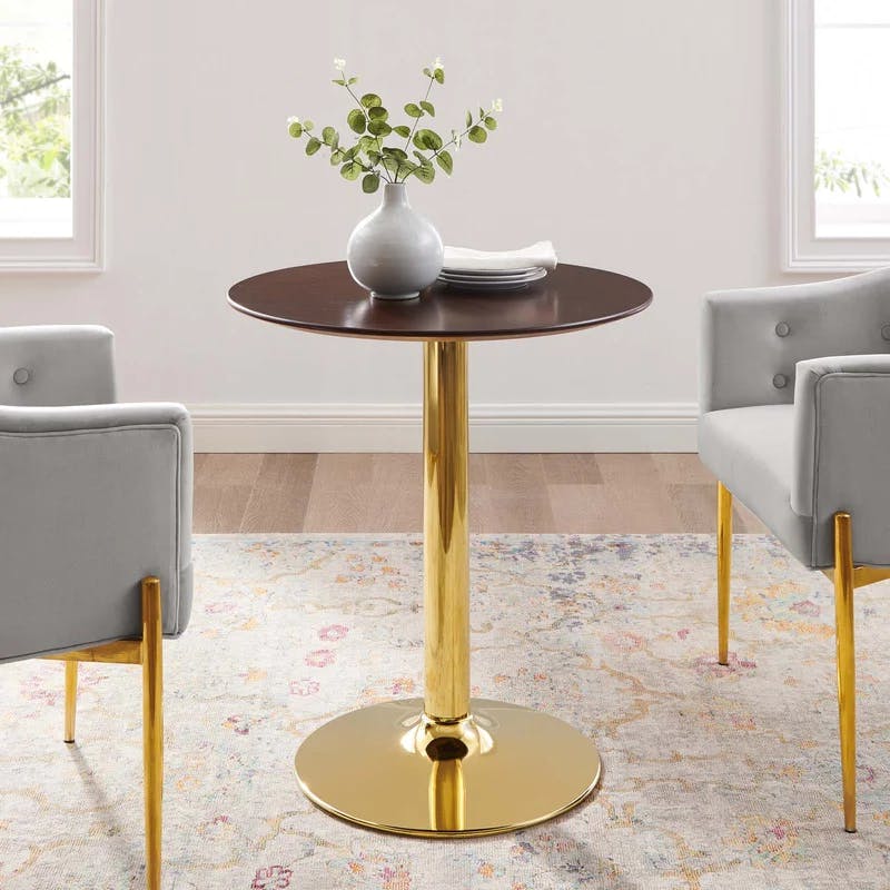 Mid-Century Modern Cherry Wood 28" Round Dining Table with Gold Pedestal