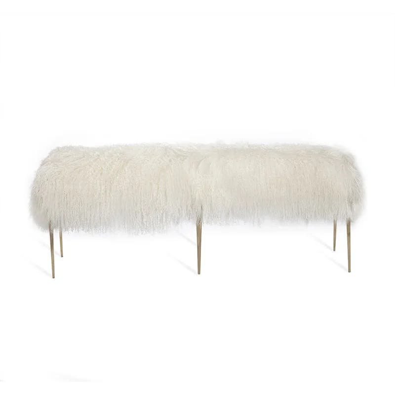 Stiletto Ivory Sheepskin Upholstered Bench with Stainless Steel Frame