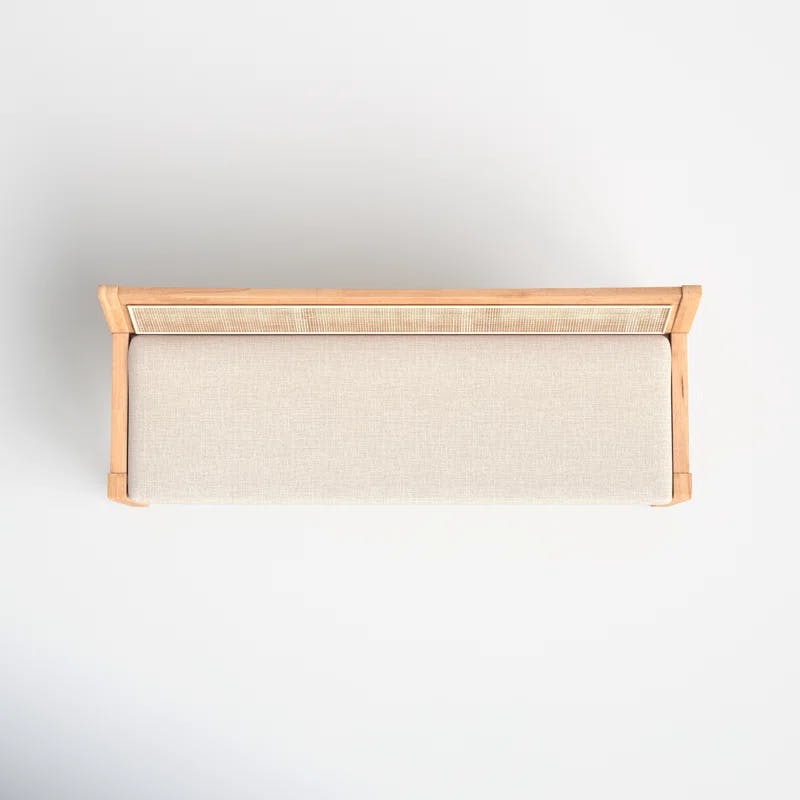 Elegant Natural Wood and Beige Linen Storage Bench with Rattan Back
