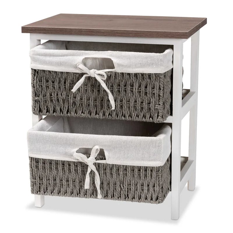 Terena Two-Tone Walnut Brown and White Woven Basket Storage Unit