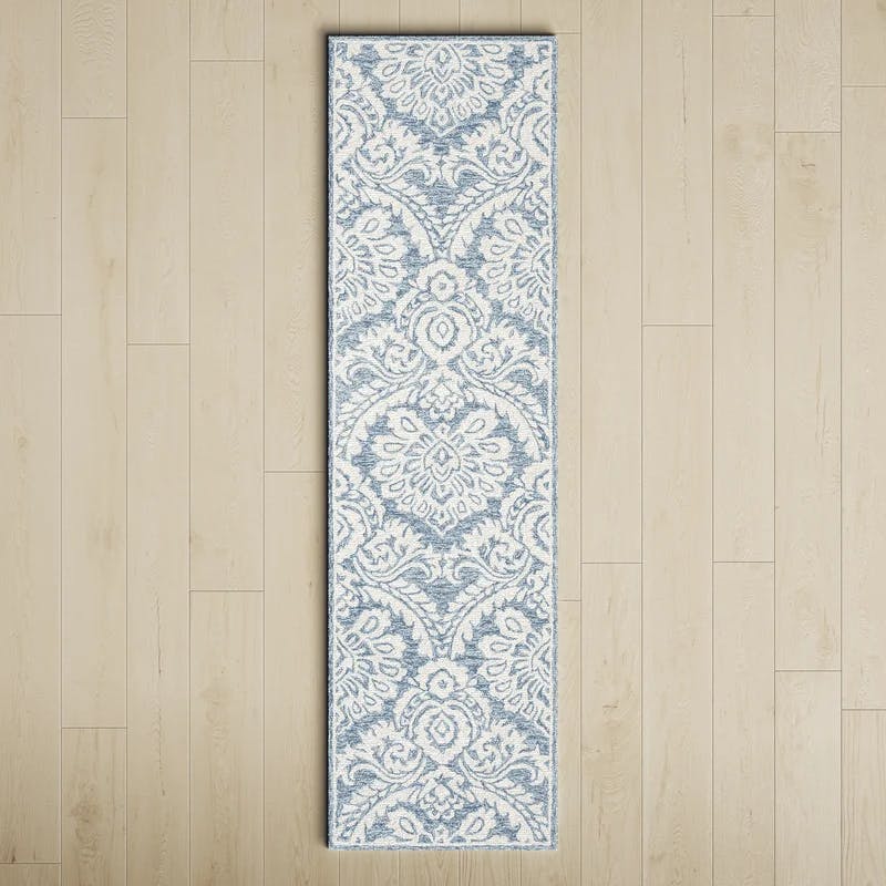 Luxe Tufted Handmade Wool & Cotton Runner Rug in Blue and Ivory