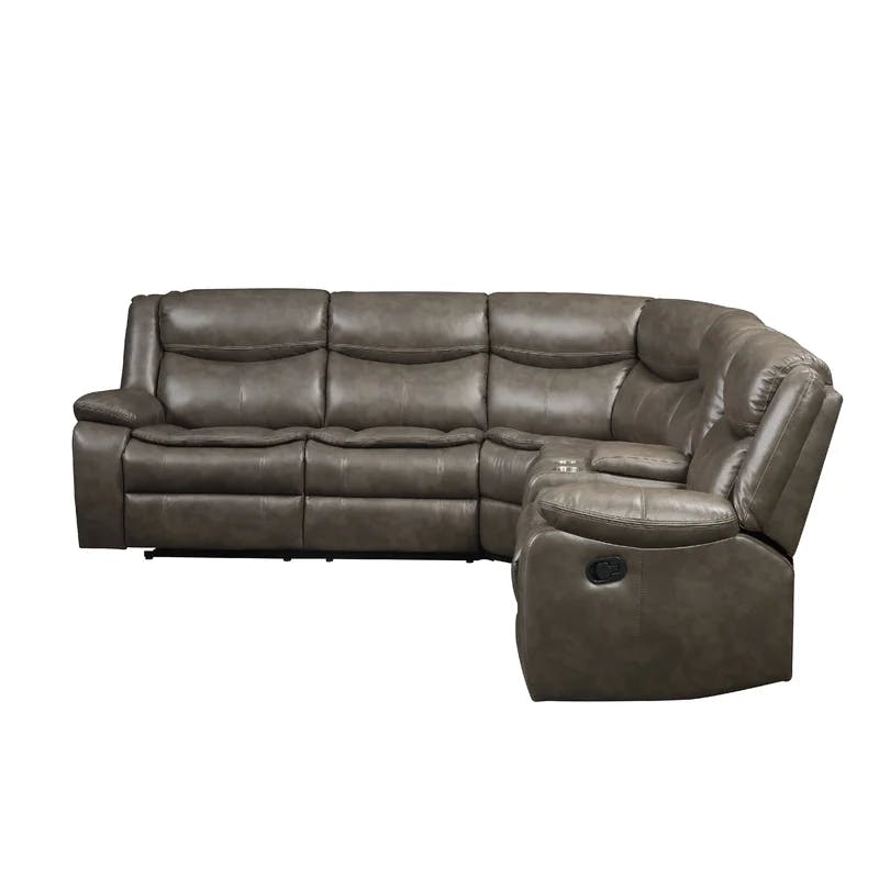 Luxurious Taupe Leather-Aire 3-Piece Tufted Sectional with Cup Holders
