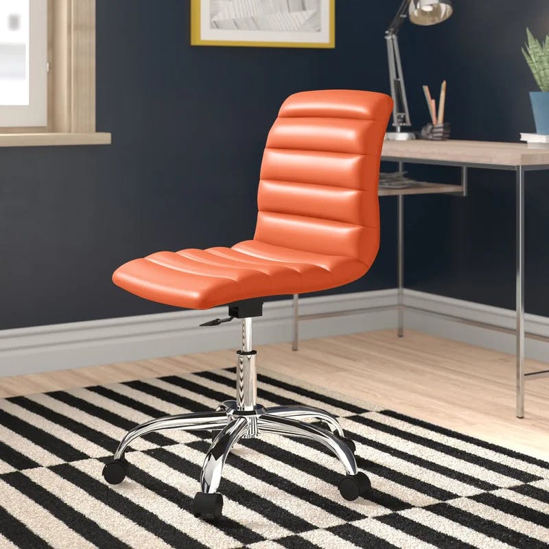 Swivel Ripple Orange Faux Leather Mid-Back Armless Chair