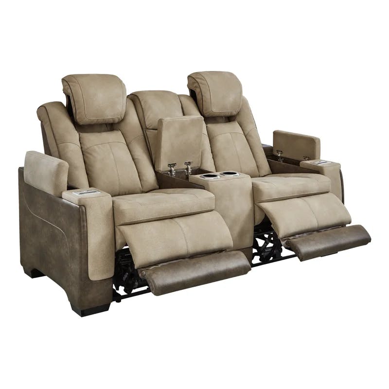 Sand Faux Leather 75" Power Reclining Loveseat with Storage & Cup Holder