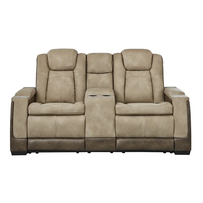 Sand Faux Leather 75" Power Reclining Loveseat with Storage & Cup Holder