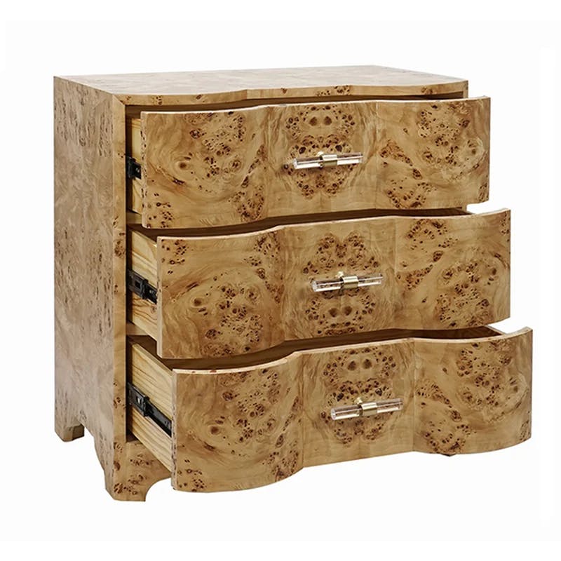 Calvin 28'' Beige Burl Wood and Brass Nightstand with Storage