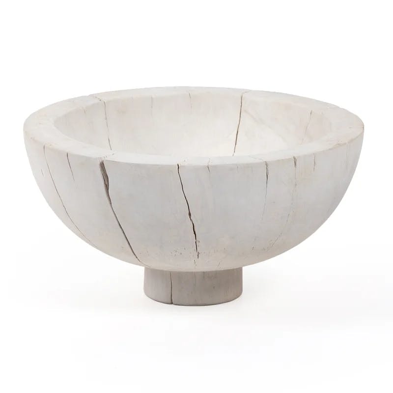 Ivory Reclaimed Wood Large Turned Pedestal Decorative Bowl