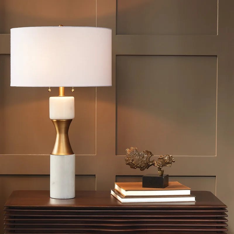 Elegant Brass and White Marble Dual-Light Table Lamp with Linen Shade