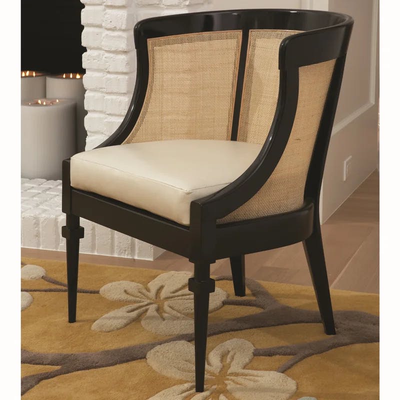 Alder Wood & Black Cane Barrel Accent Chair in Ivory Leather