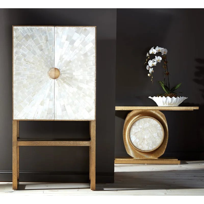 Opera Fluted Gold Brass Console with Quartz Stone Insert
