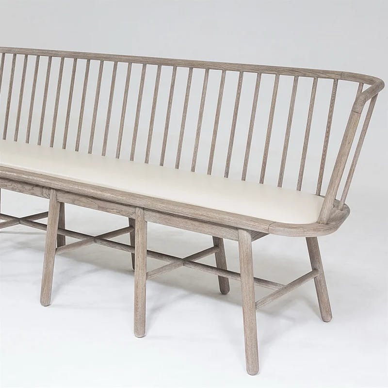 Beige Genuine Leather Beechwood Spindle Long Bench