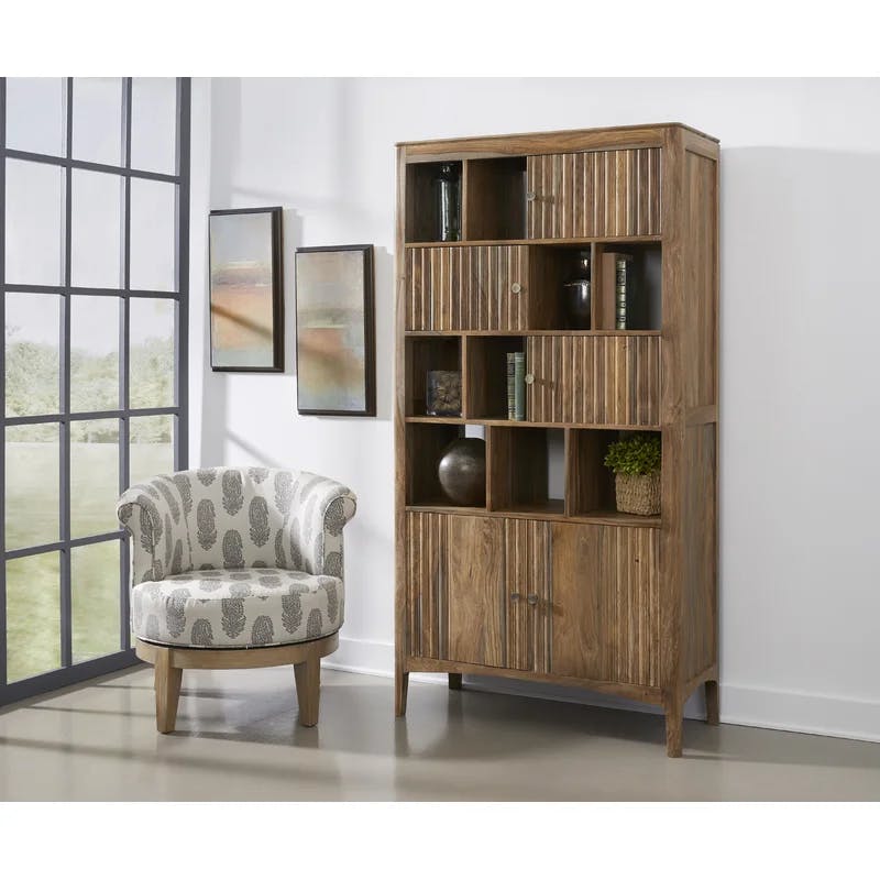 Transitional Sheesham Wood Bookcase with Doors and Cubes in Brown