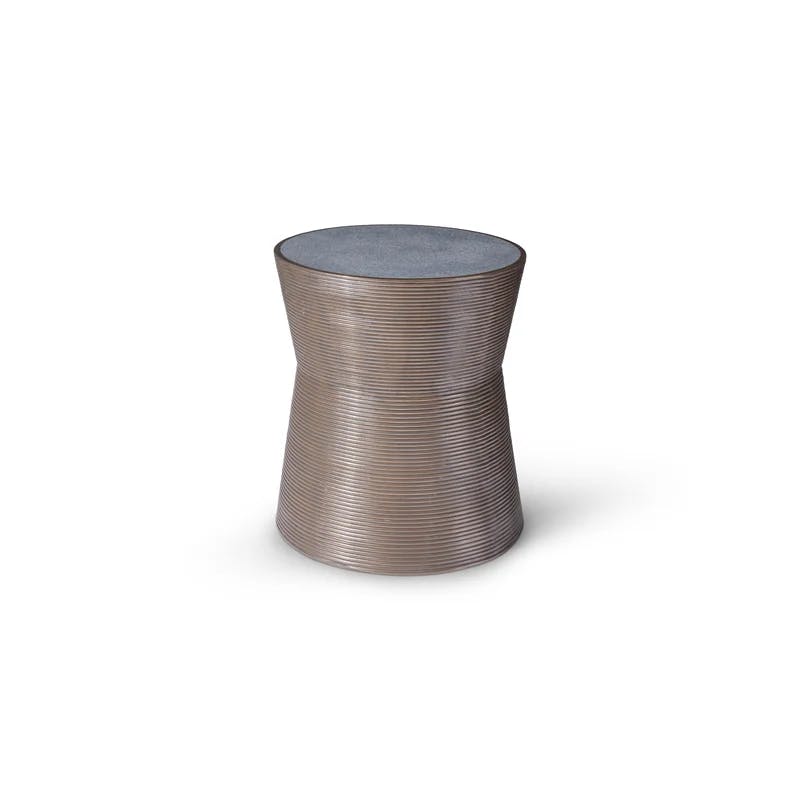 Transitional Gray-Brown Ribbed Drum Side Table with Concrete Top