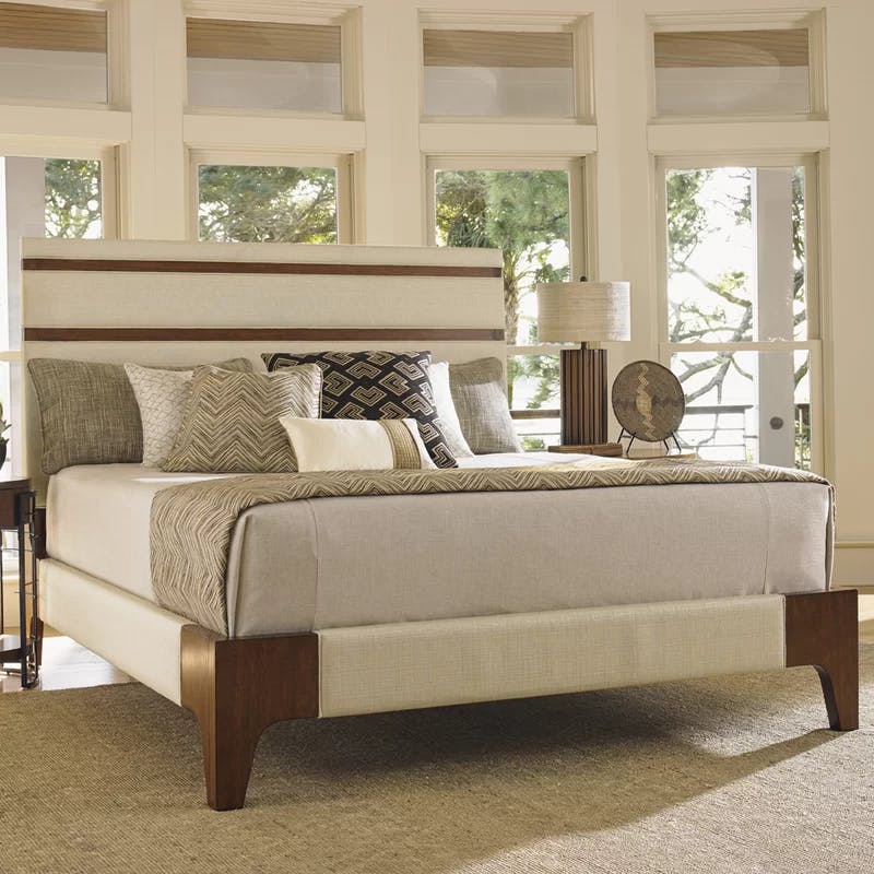 Transitional California King Upholstered Bed with Linen Weave in Brown/Cream