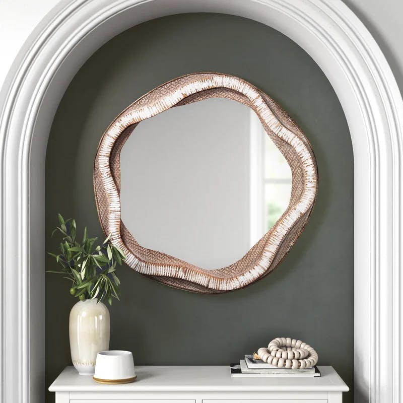 River Organic Round Wood & Rattan Wall Mirror in Cream and Beige