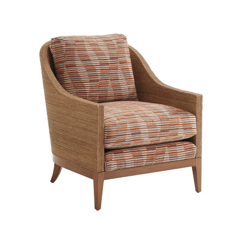 Sundrenched Tan and White Armchair with Wicker Square Arms