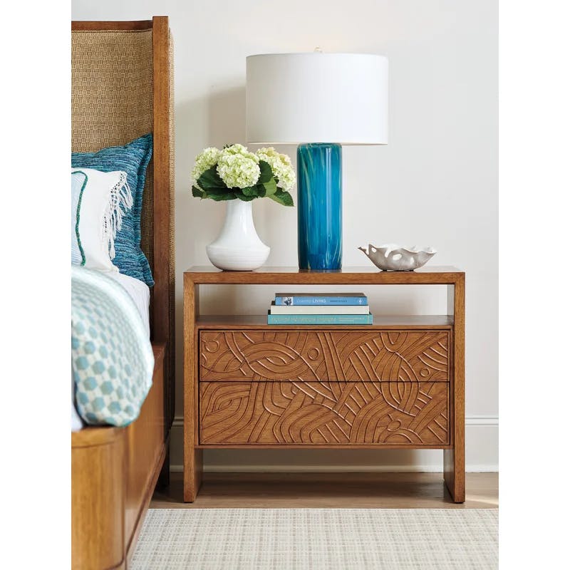 Sierra Tan Sundrenched 2-Drawer Hickory Nightstand with Rattan Accents