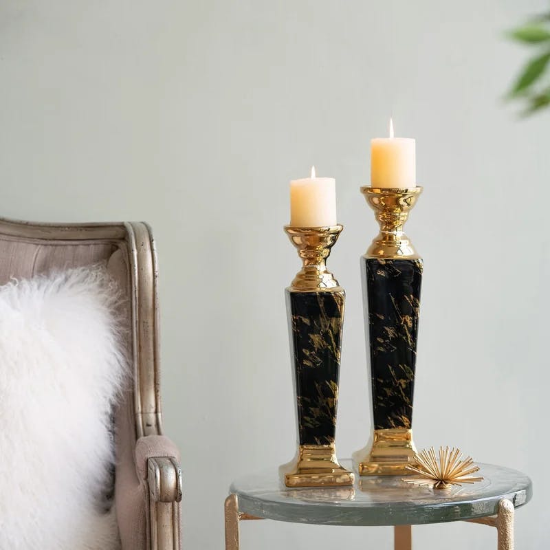 Modern Gloss Black and Gold Ceramic Candlestick, 16.9" High