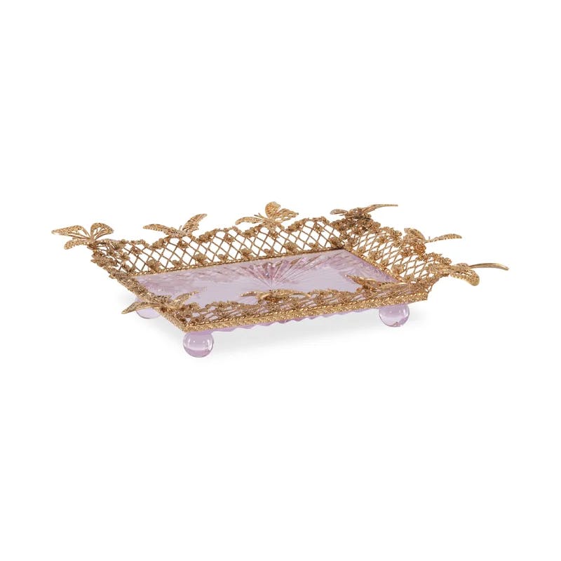 Glorieux Hand-Engraved Pink Crystal Tray with Gold Brass Butterflies