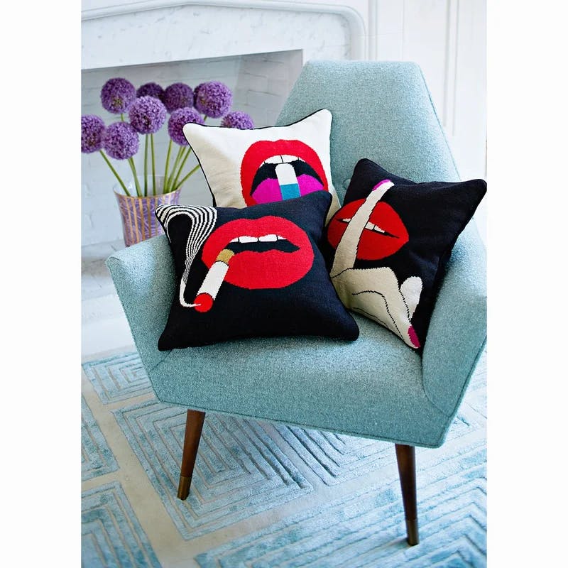 Bold Red Lips Embroidered Wool Square Throw Pillow