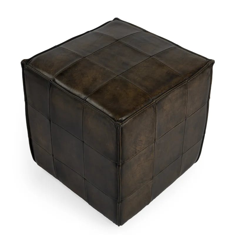 Contemporary Leon Dark Brown Leather Cube Ottoman