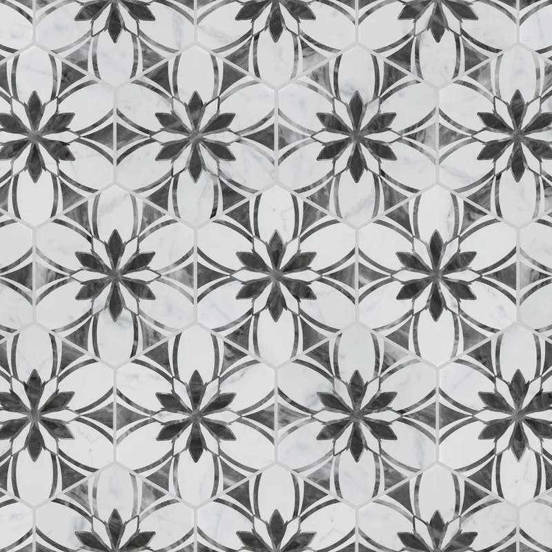 Classico Bardiglio Hex Floral 7" x 8" Porcelain Patterned Tile