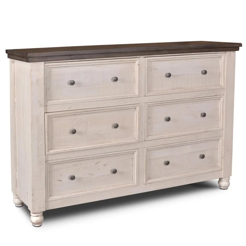 Rustic French Coastal 6-Drawer Double Dresser in Distressed White & Brown