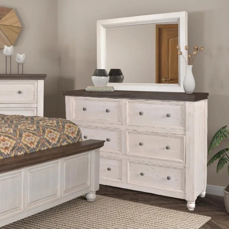 Rustic French Coastal 6-Drawer Double Dresser in Distressed White & Brown