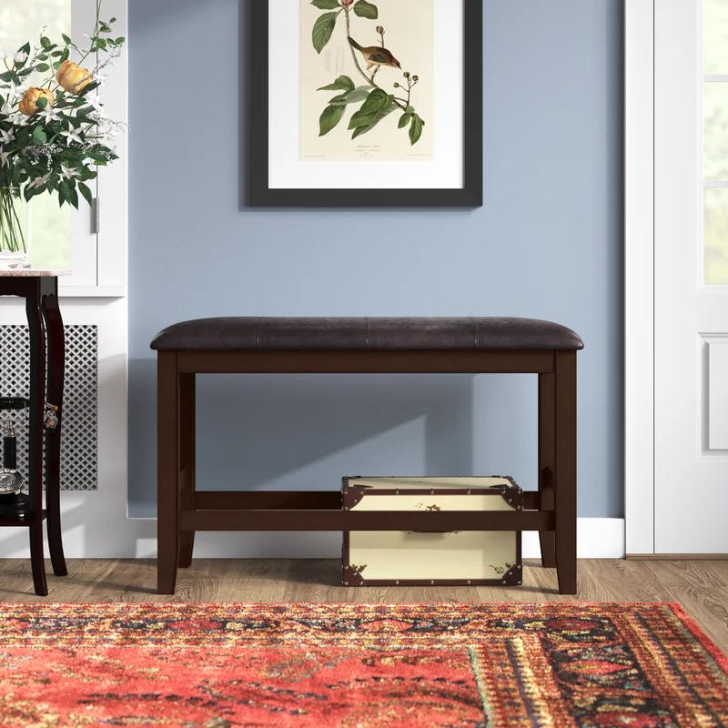 Espresso Faux Leather Upholstered Counter Height Bench with Rubberwood Legs
