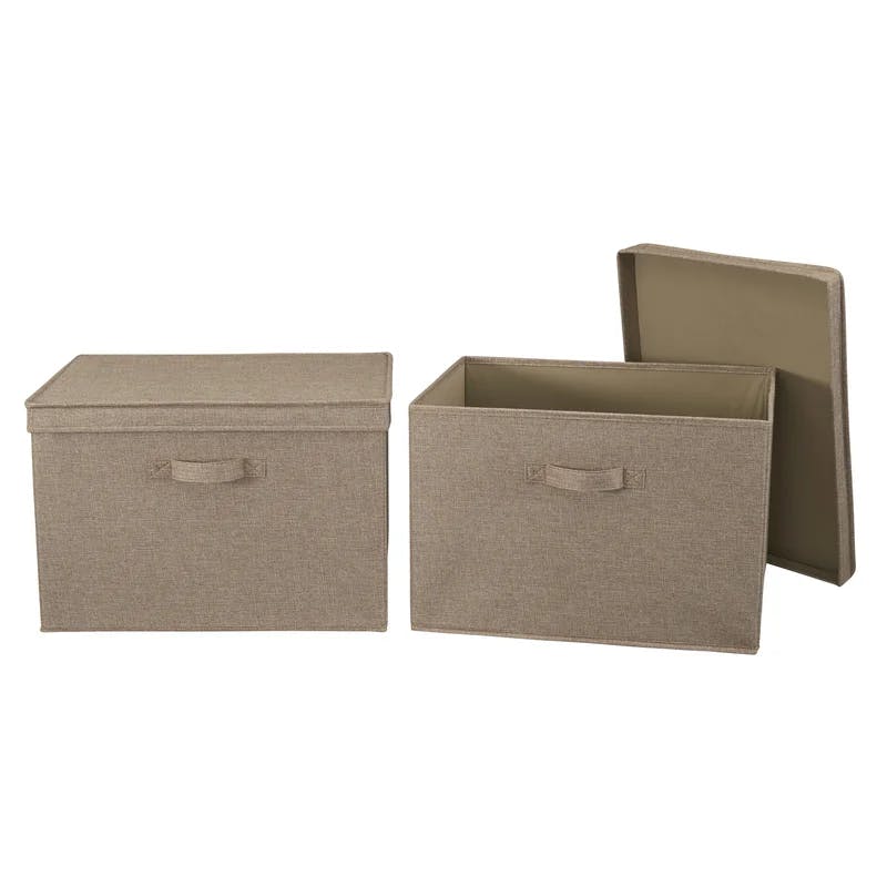 Latte Linen Wide Collapsible Storage Box with Lid, Set of 2