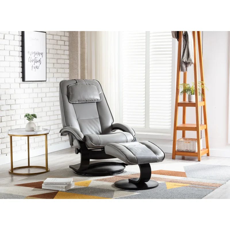 Transitional Gray Leather Swivel Recliner with Wood Accents