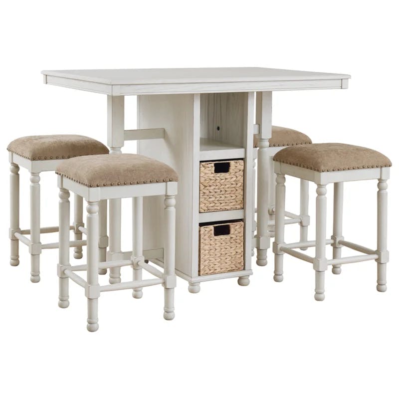 Antiqued White Transitional 5-Piece Counter Height Dining Set