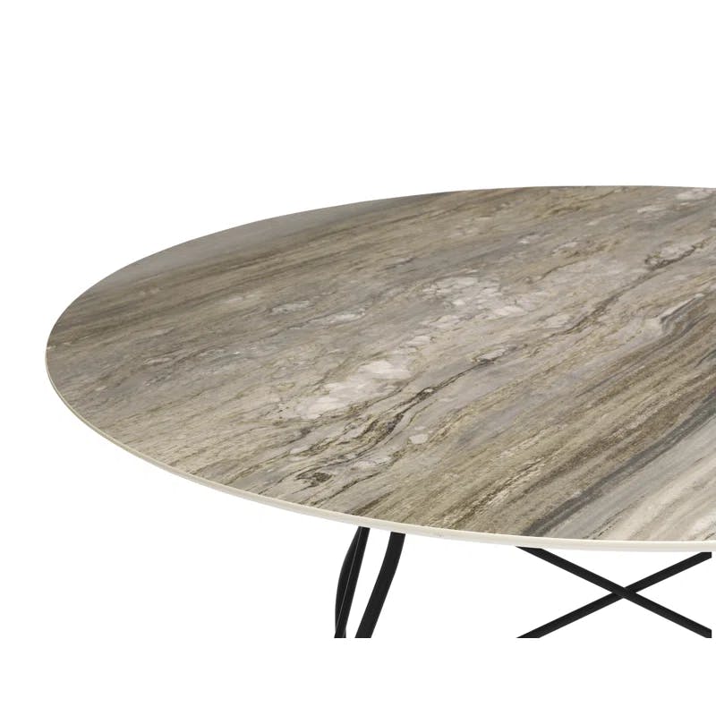 Casual 46" Black Marble Round Dining Table with Steel Cross Legs