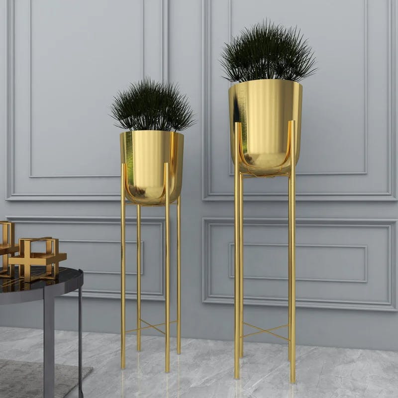 Elegant Gold Dome Metal Planters with Stand, Set of 2