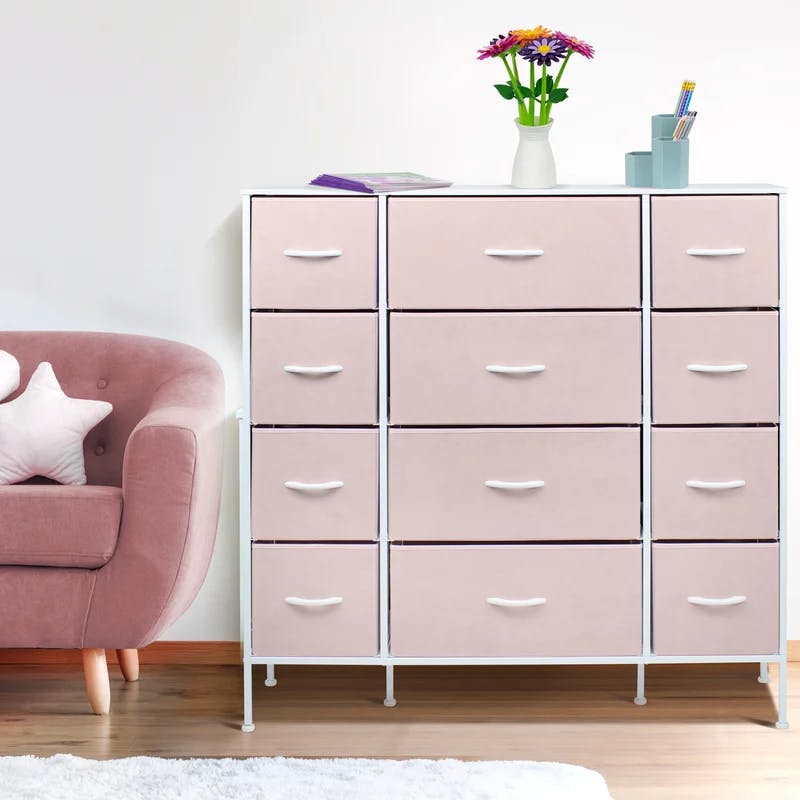 Playful Pink 12-Drawer Nursery Dresser with Easy Levelers